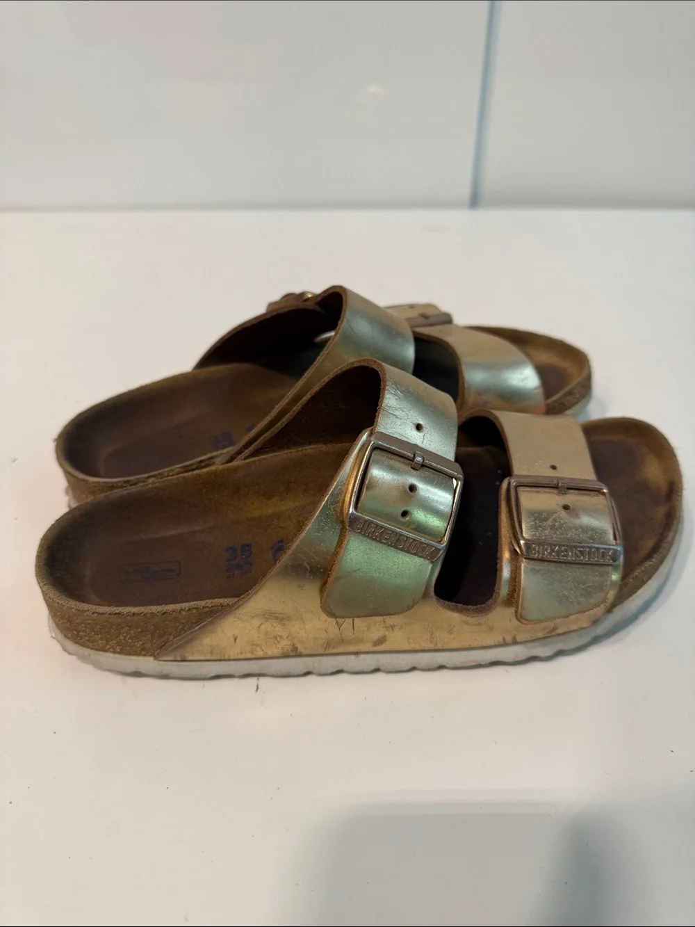 Used Birkenstock Metallic Bronze Double-Strap Slide Sandals women’s size 7-7.5